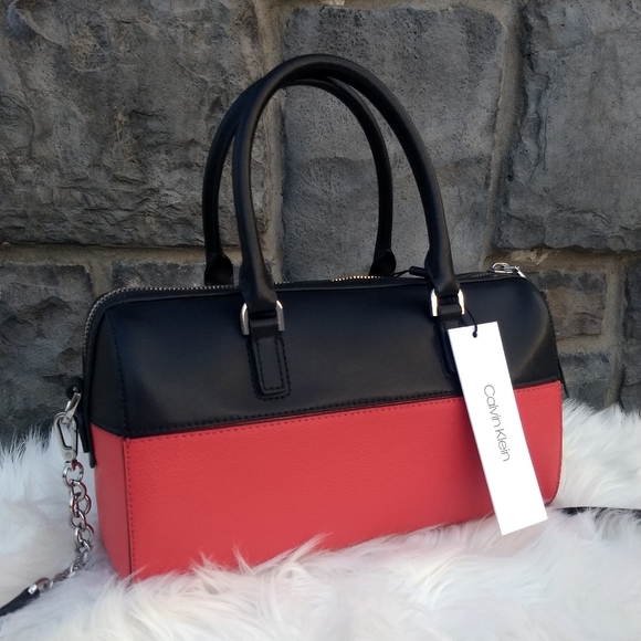 Calvin Klein Watermelon Red Black Calf Leather Tonya Satchel - Picture 6 of 16